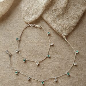 Emerald Kundan Silver Anklets